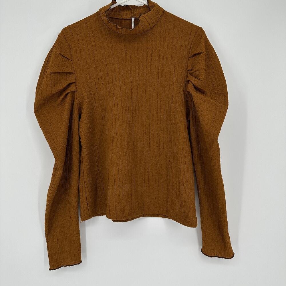 Free People Sweater Womens Large Brown Textured Puff Sleeve High Neck Boho Top